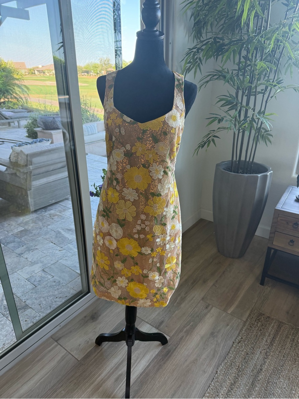 Boston Proper Yellow Brown Floral Embroidered Mini Dress
